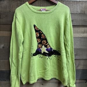 Peek A Boo Halloween Sequin Witches Hat Lime Green Pullover Sweater Women’s XL